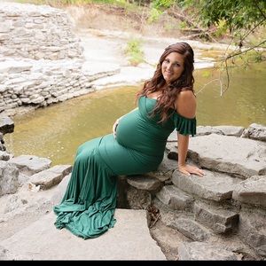 Emerald green off shoulder maternity dress size L.